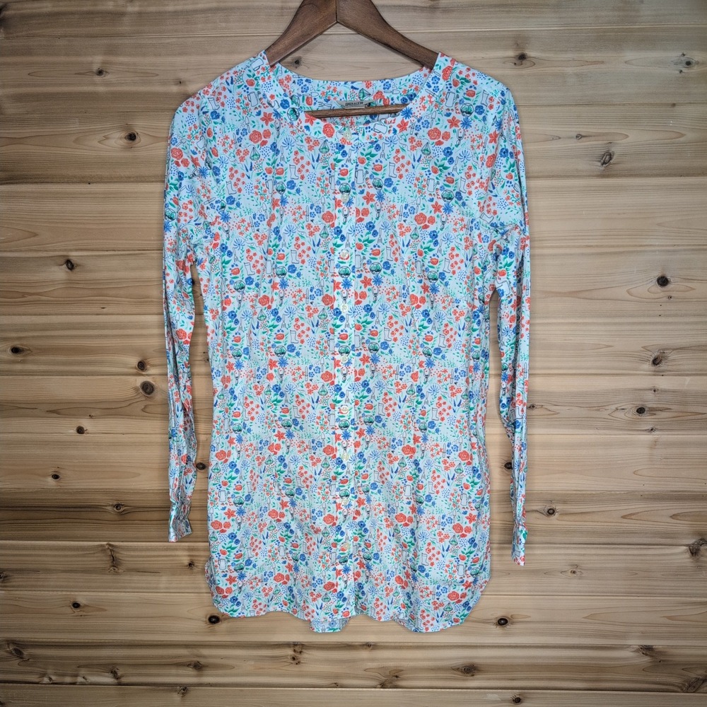 Duluth Trading Co Womens Garden Print Button Down Tunic Shirt‎ Floral White M